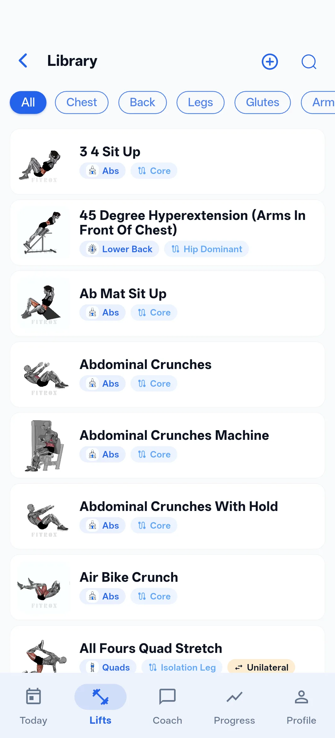 Fitrox exercise library screen